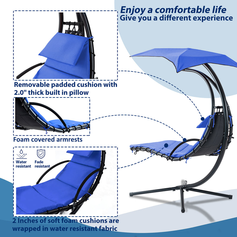 Supfirm Hanging Chaise Lounger with Removable Canopy, Outdoor Swing Chair with Built-in Pillow, Hanging Curved Chaise Lounge Chair Swing for Patio Porch Poolside, Hammock Chair with Stand (Navt)