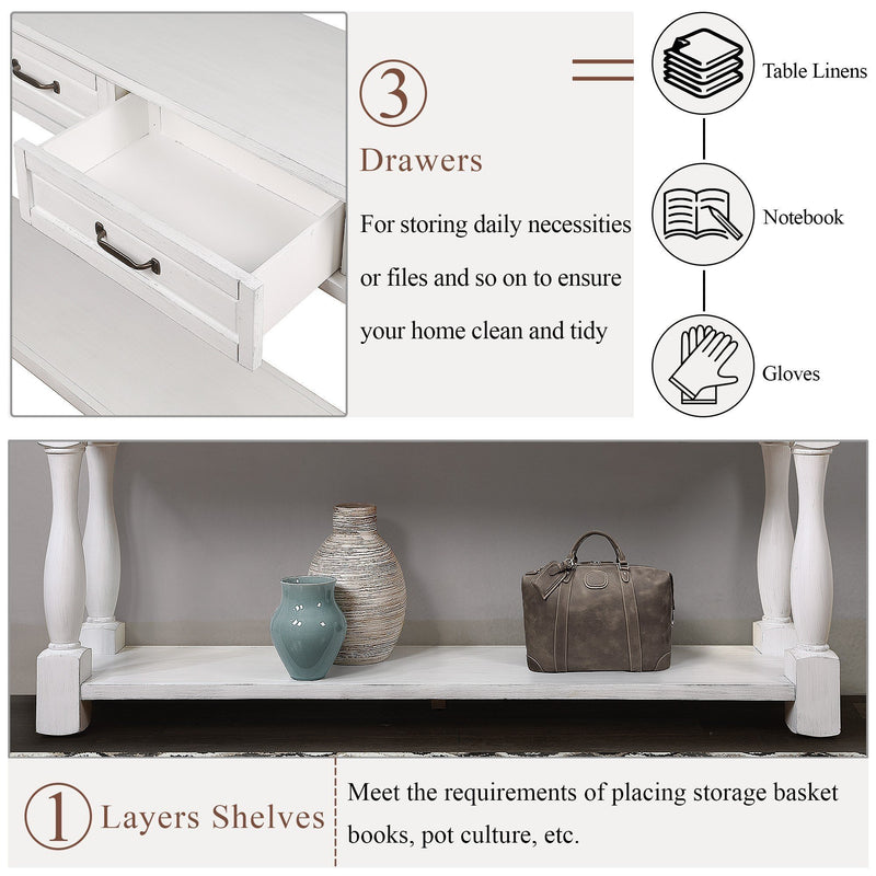 Supfirm 63inch Long Wood Console Table with 3 Drawers and 1 Bottom Shelf for Entryway Hallway Easy Assembly Extra-thick Sofa Table (Antique White)