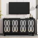 ON-TREND Buffet Cabinet with Adjustable Shelves, 4-Door Mirror Hollow-Carved TV stand for TVs Up to 65'', Multi-functional Console Table with Storage Credenza Accent Cabinet for Living Room, Black - Supfirm