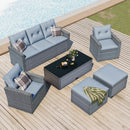 Supfirm GO 6-piece All-Weather Wicker PE rattan Patio Outdoor Dining Conversation Sectional Set with coffee table, wicker sofas, ottomans,  removable cushions (Dark grey wicker, Light grey cushion)