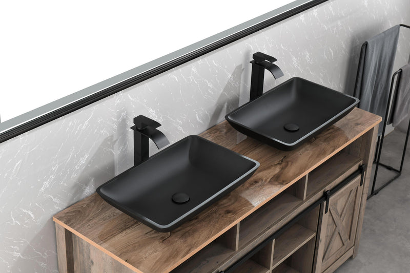 Supfirm 14.38" L -22.25" W -4-3/8 in. H Matte Shell  Glass Rectangular Vessel Bathroom Sink in Black with  Faucet and Pop-Up Drain in Matte Black