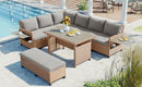 Supfirm TOMAX 5-Piece Outdoor Patio Rattan Sofa Set, Sectional PE Wicker L-Shaped Garden Furniture Set with 2 Extendable Side Tables, Dining Table and Washable Covers for Backyard, Poolside, Indoor, Brown