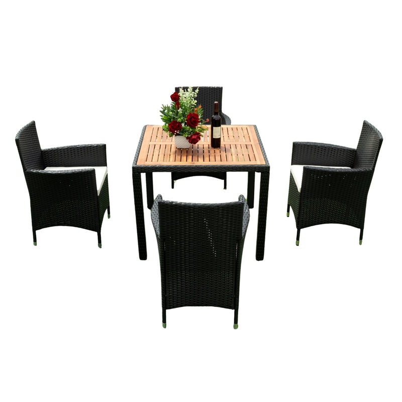 Supfirm EELIFEE 5 piece Outdoor Patio Wicker Dining Set Patio Wicker Furniture Dining Set w/Acacia Wood Top Black Wicker + Creme Cushion