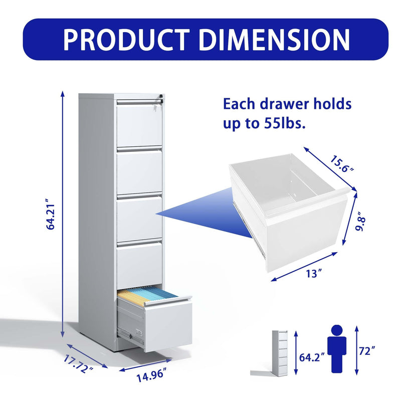 Supfirm 5 Drawer Metal Vertical File Cabinet with Lock Office Home Steel Vertical File Cabinet for A4 Legal/Letter Size