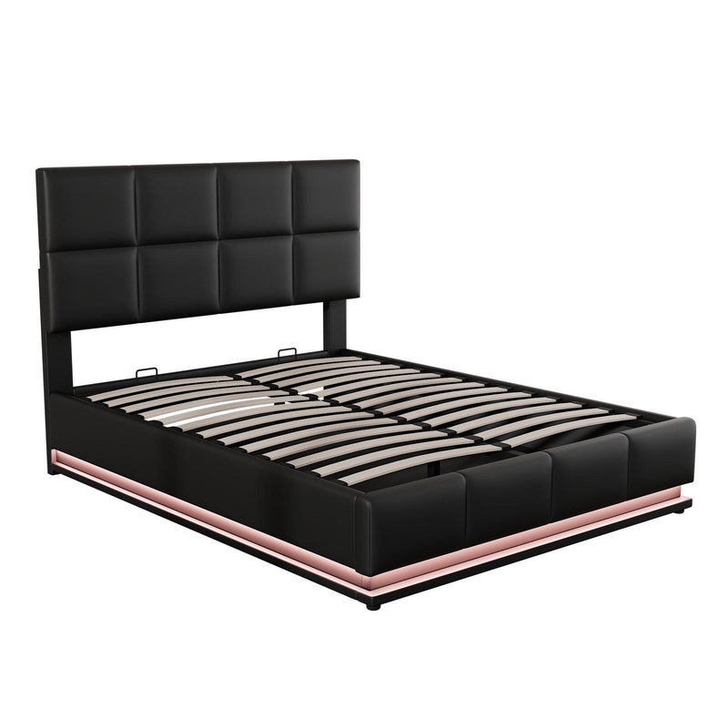 Full Size Tufted Upholstered Platform Bed with Hydraulic Storage System,PU Storage Bed with LED Lights and USB charger, Black - Supfirm