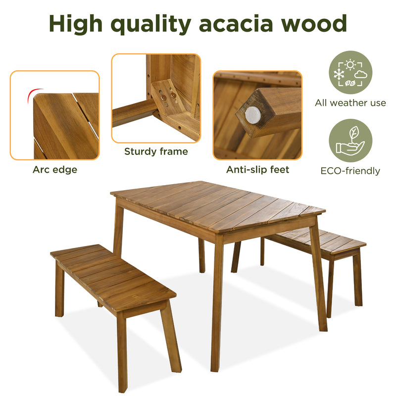 Supfirm GO 3 Pieces Acacia Wood Table Bench Dining Set For Outdoor & Indoor Furniture With 2 Benches, Picnic Beer Table for Patio, Porch, Garden, Poolside, Natural