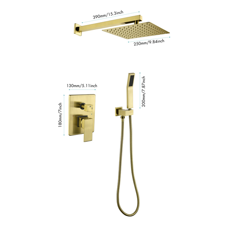 Supfirm Brushed Gold Shower System, Bathroom 10 Inches Rain Shower Head with Handheld Combo Set, Wall Mounted High Pressure Rainfall Dual Shower Head System, Shower Faucet Set with Valve and Trim