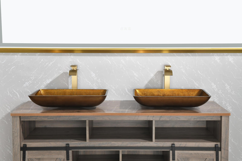 Supfirm 22.25" L -14.25" W -4 1/2" H Glass Rectangular Vessel Bathroom Sink in Gold  Set with gold Faucet and gold Pop Up Drain