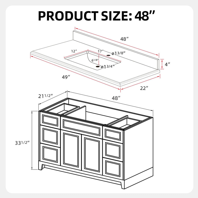 48" Bathroom Vanity with Sink Combo, Modern Undermount Small Single Bathroom Cabinet Set, Includes Countertop & Integrated Sink, Soft Closing Doors & Drawers, Bathroom Dresser Light Gray - Supfirm