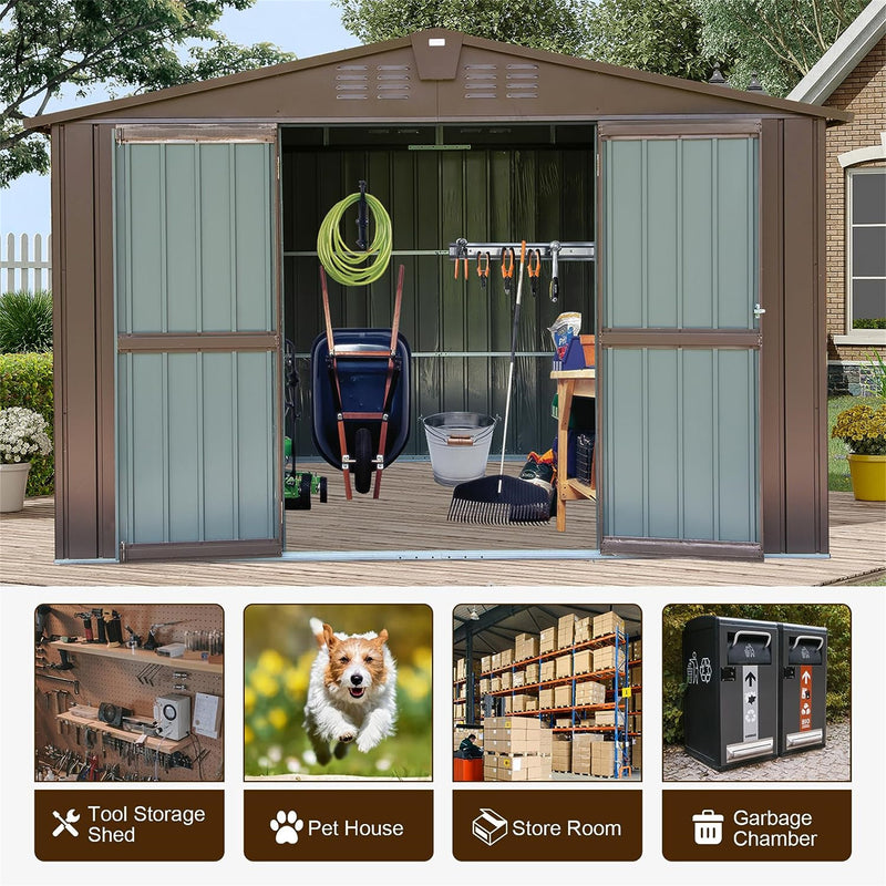 Supfirm Outdoor Storage Shed 10'x8', Metal Tool Sheds Storage House with Lockable Double Door,Large Bike Shed Waterproof for Garden,Backyard,Lawn(Brown)