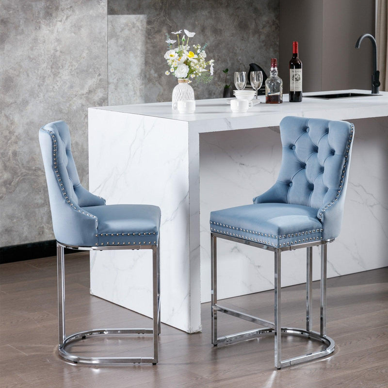 26" Counter Height Bar Stools Set of 2, Modern Velvet Barstools with Button Back&Rivet Trim Upholstered Kitchen Island Chairs with Sturdy Chromed Metal Base Legs Farmhouse Bar Stools,Light Blue,2 Pack - Supfirm