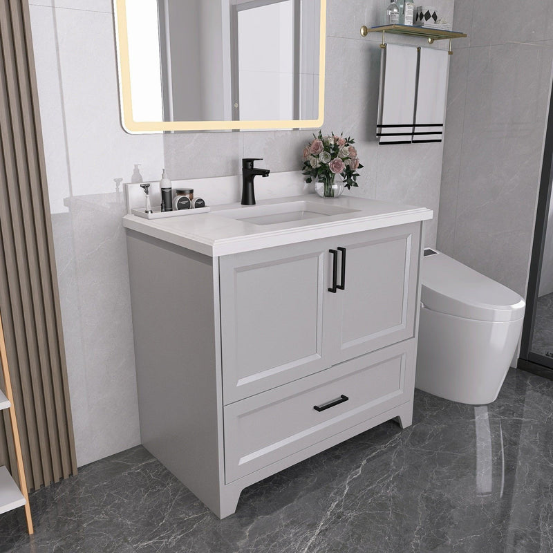 Solid Wood 36" Bathroom Vanity with Sink Combo, Modern Undermount Single Bathroom Cabinet Set, Includes Countertop & Integrated Sink, Soft Closing Doors & Drawers, Bathroom Dresser Light Gray - Supfirm