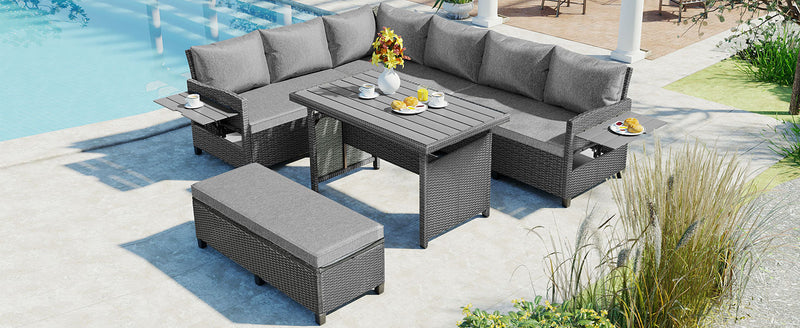 Supfirm TOMAX 5-Piece Outdoor Patio Rattan Sofa Set, Sectional PE Wicker L-Shaped Garden Furniture Set with 2 Extendable Side Tables, Dining Table and Washable Covers for Backyard, Poolside, Indoor, Gray