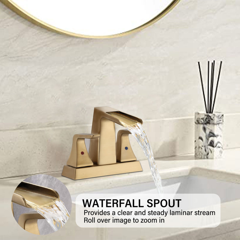 Supfirm Two Handle 4 Inch Centerset Waterfall Bathroom Sink Faucet, Brushed Golden