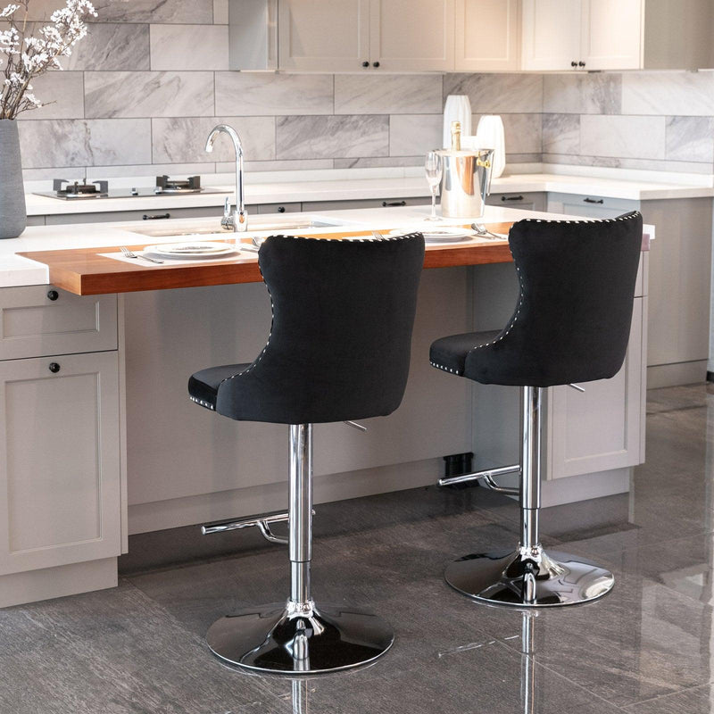 A&A Furniture,Swivel Velvet Barstools Adjusatble Seat Height from 25-33 Inch, Modern Upholstered Chrome base Bar Stools with Backs Comfortable Tufted for Home Pub and Kitchen Island（Black,Set of 2） - Supfirm