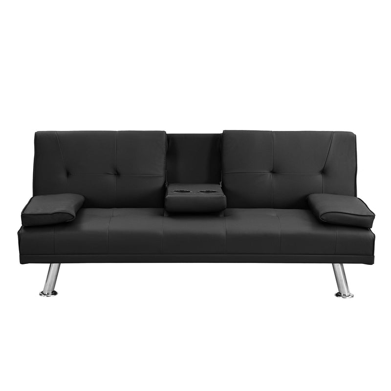 sofa bed with Armrest two holders WOOD FRAME, STAINLESS LEG, FUTON BLACK PVC - Supfirm