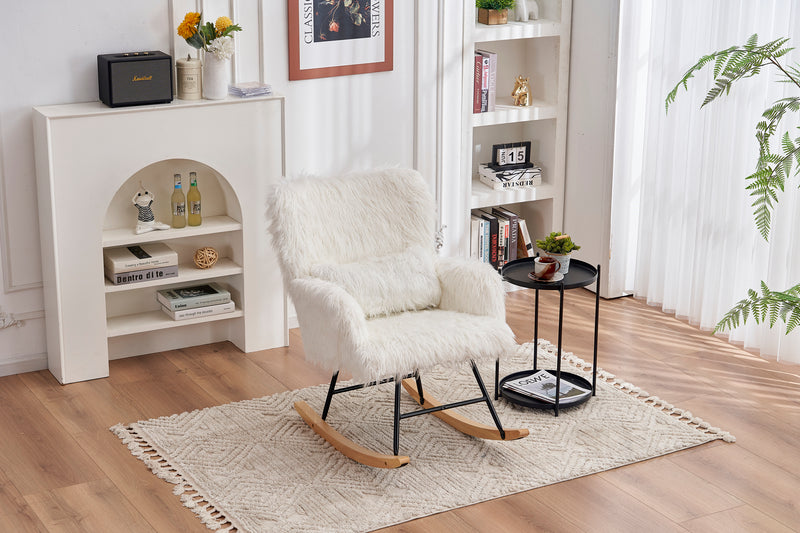 Supfirm Rocking Chair Nursery, Solid Wood Legs Reading Chair with Lazy plush Upholstered and Waist Pillow, Nap Armchair for Living Rooms, Bedrooms, Offices, Best Gift,White