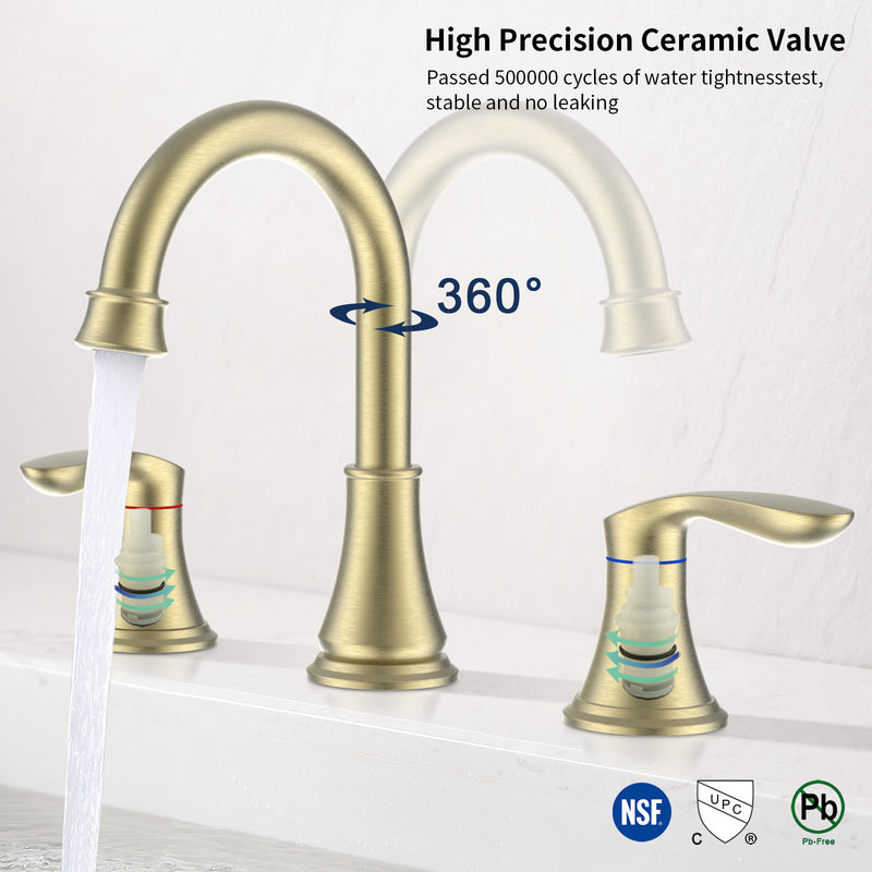 Supfirm 2-Handle 8 inch Widespread Bathroom Sink Faucet Brushed Gold Lavatory Faucet 3 Hole 360° Swivel Spout Vanity Sink Basin Faucets 3008B-NA