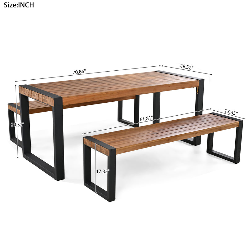 Supfirm GO 3-pieces Outdoor Dining Table With 2 Benches, Patio Dining Set With Unique Top Texture, Acacia Wood Top & Steel Frame, All Weather Use, For Outdoor & Indoor, Natural