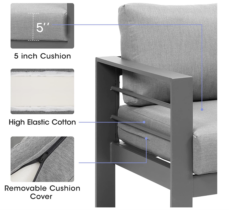 Supfirm 6-Pieces Outdoor Dining Set, Grey Aluminum Frame with Dark Grey Cushions