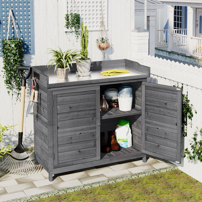 Supfirm TOPMAX Outdoor 39" Potting Bench Table, Rustic Garden Wood Workstation Storage Cabinet Garden Shed with 2-Tier Shelves and Side Hook, Grey