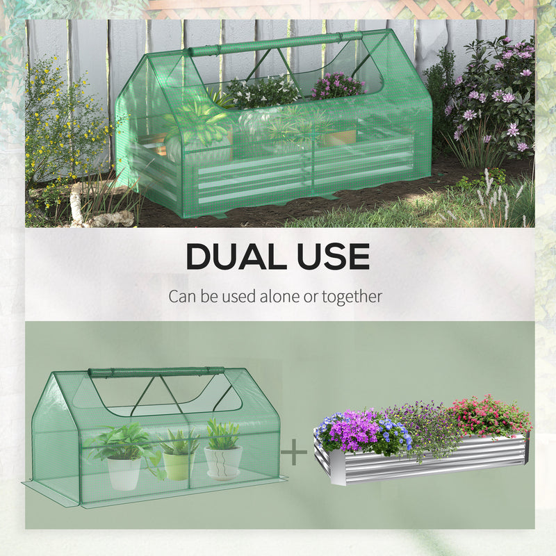 Supfirm 6' x 3' Galvanized Raised Garden Bed with Mini PE Greenhouse Cover, Outdoor Metal Planter Box with 2 Roll-Up Windows for Growing Flowers, Fruits, Vegetables and Herbs, Silver