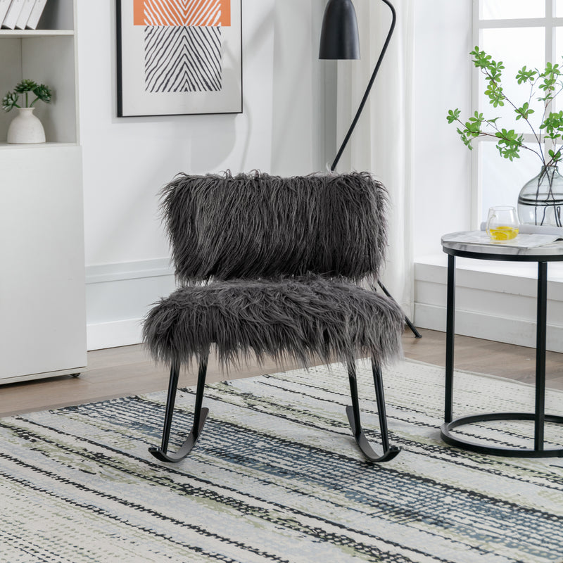 Supfirm 25.2'' Wide Faux Fur Plush Nursery Rocking Chair, Baby Nursing Chair with Metal Rocker, Fluffy Upholstered Glider Chair, Comfy Mid Century Modern Chair for Living Room, Bedroom (Gray)