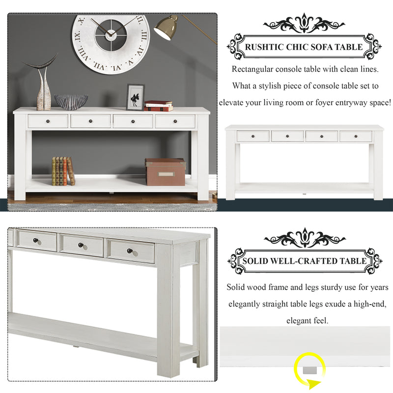 Supfirm 63" Pine Wood Console Table with 4 Drawers and 1 Bottom Shelf for Entryway Hallway Easy Assembly 63 inch Long Sofa Table (Antique White)