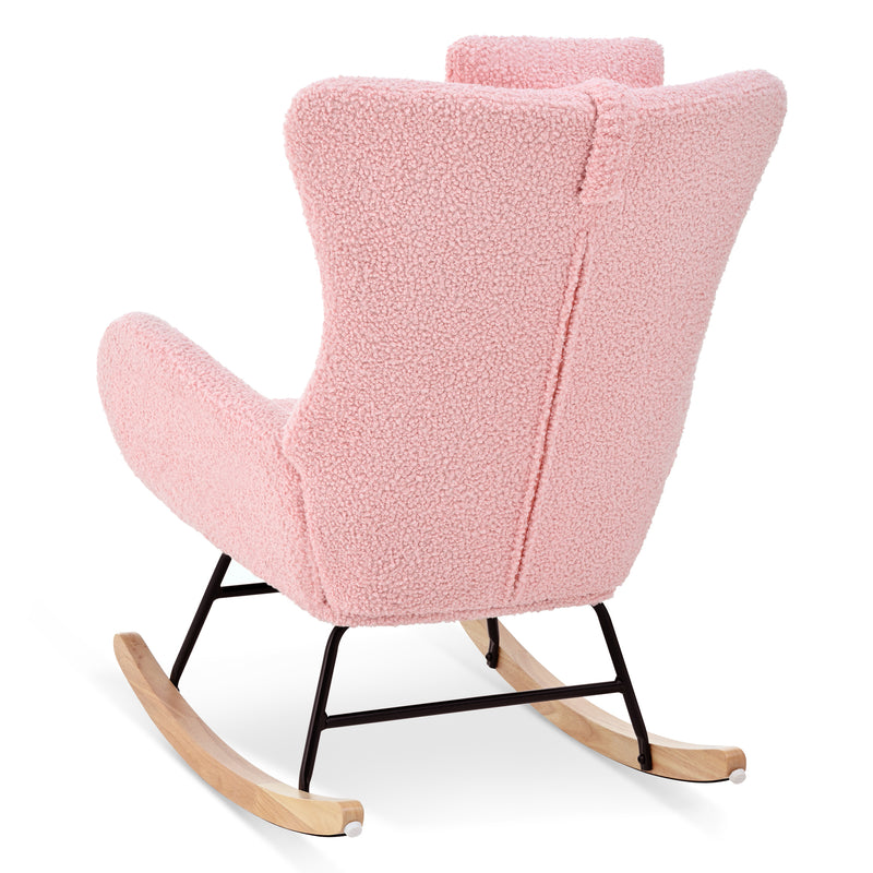 Supfirm Rocking Chair Nursery, Teddy Upholstered Rocker Glider Chair with High Backrest, Adjustable Headrest & Pocket, Comfy Glider Chair for Nursery, Bedroom, Living Room, Offices, Rubber wood, pink