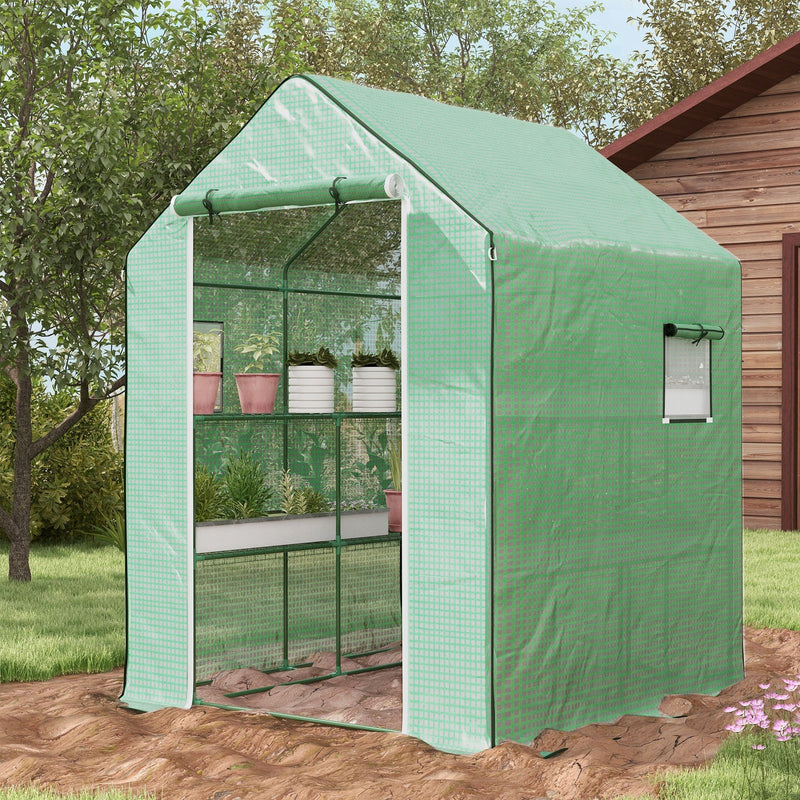 Supfirm 4.6' x 4.7' Portable Greenhouse, Water/UV Resistant Walk-In Small Outdoor Greenhouse with 2 Tier U-Shaped Flower Rack Shelves, Roll Up Door & Windows, Green