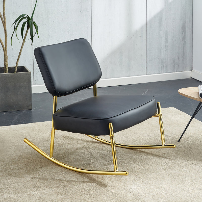 Supfirm PU material cushioned rocking chair, unique rocking chair, cushioned seat, black backrest rocking chair, and gold metal legs. Comfortable side chairs in the living room, bedroom, and office