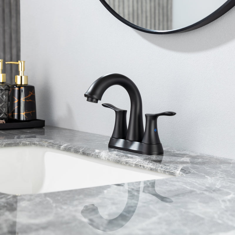 Supfirm Two Handle Matte Black Bathroom Faucet, Swivel Spout with Pop-up Drain Assembly