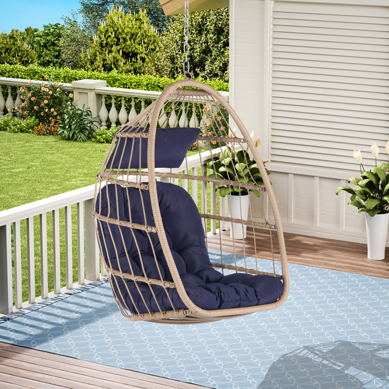 Supfirm Outdoor Garden Rattan Egg Swing Chair Hanging Chair  WOOD + DARK BLUE