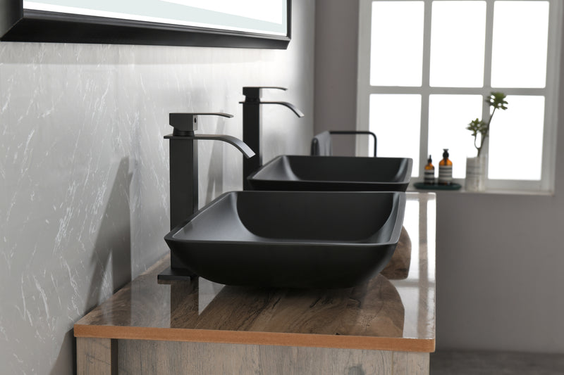 Supfirm 14.38" L -22.25" W -4-3/8 in. H Matte Shell  Glass Rectangular Vessel Bathroom Sink in Black with  Faucet and Pop-Up Drain in Matte Black