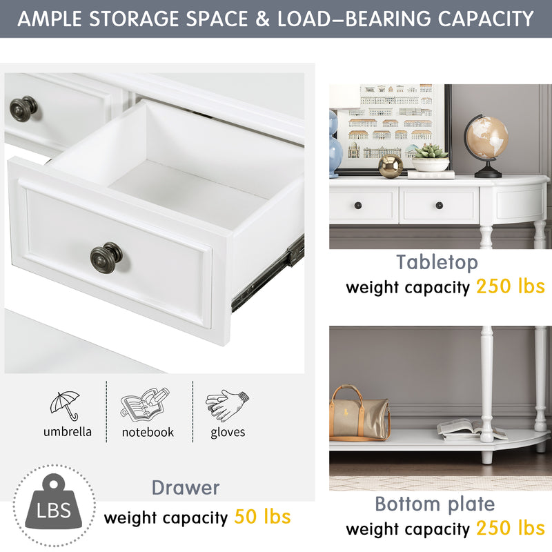 Supfirm TREXM Retro Circular Curved Design Console Table with Open Style Shelf Solid Wooden Frame and Legs Two Top Drawers (White, OLD SKU: WF298768AAK)