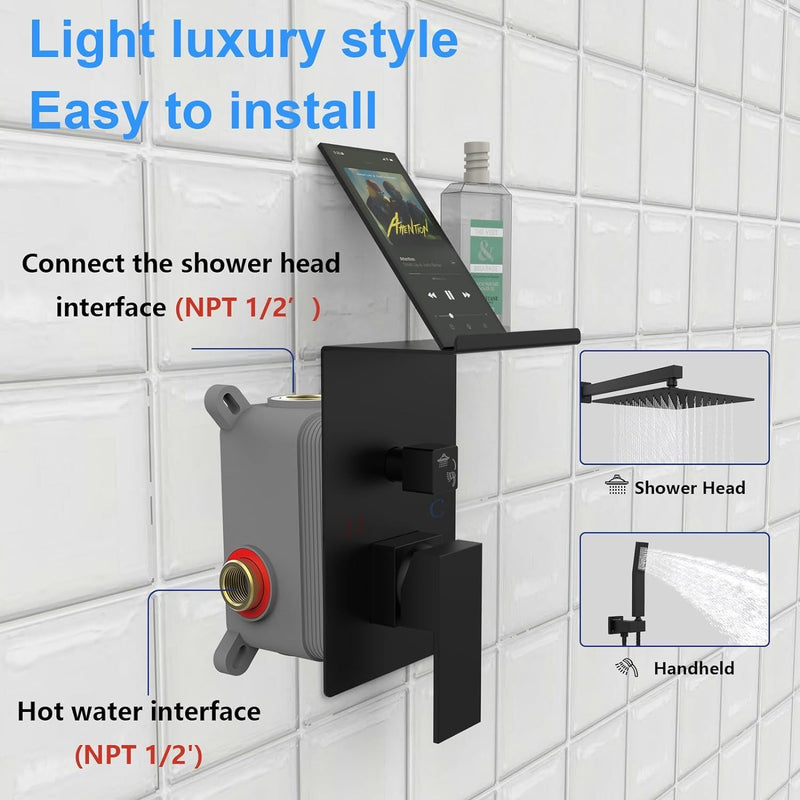 Supfirm Rainfall Shower System With Storage Rack 10 inch Shower Faucet Set Matte Black with High Pressure with Square Shower Head Luxury Shower Set Wall Mount