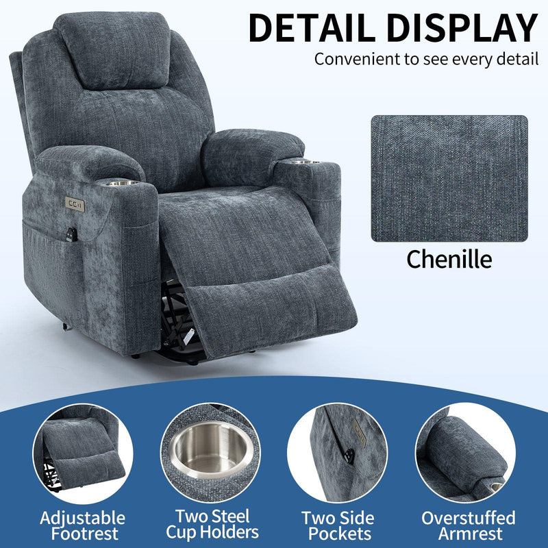 Okin motor Up to 350 LBS Chenille Power Lift Recliner Chair, Heavy Duty Motion Mechanism with 8-Point Vibration Massage and Lumbar Heating, USB and Type-C Ports, Stainless Steel Cup Holders, Blue - Supfirm