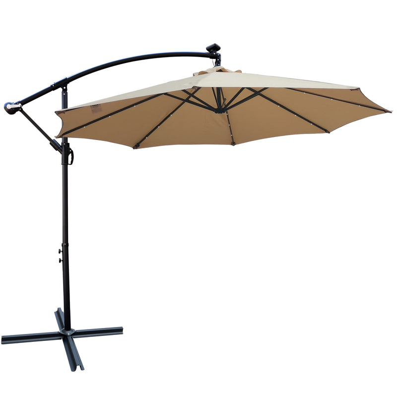 Supfirm Tan 10 ft Outdoor Patio Umbrella Solar Powered LED Lighted Sun Shade Market Waterproof 8 Ribs Umbrella with Crank and Cross Base for Garden Deck Backyard Pool Shade Outside Deck Swimming Pool