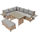 Supfirm TOMAX 5-Piece Outdoor Patio Rattan Sofa Set, Sectional PE Wicker L-Shaped Garden Furniture Set with 2 Extendable Side Tables, Dining Table and Washable Covers for Backyard, Poolside, Indoor, Brown