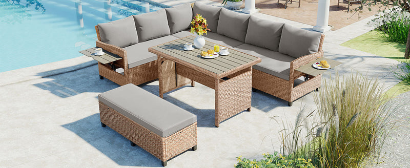 Supfirm TOMAX 5-Piece Outdoor Patio Rattan Sofa Set, Sectional PE Wicker L-Shaped Garden Furniture Set with 2 Extendable Side Tables, Dining Table and Washable Covers for Backyard, Poolside, Indoor, Brown