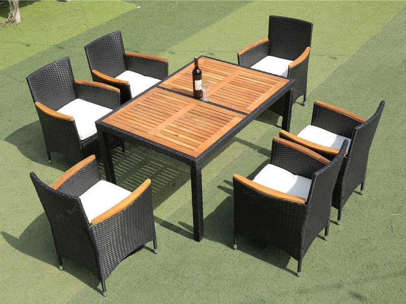 Supfirm EELIFEE 7 piece Outdoor Patio Wicker Dining Set Patio Wicker Furniture Dining Set w/Acacia Wood Top