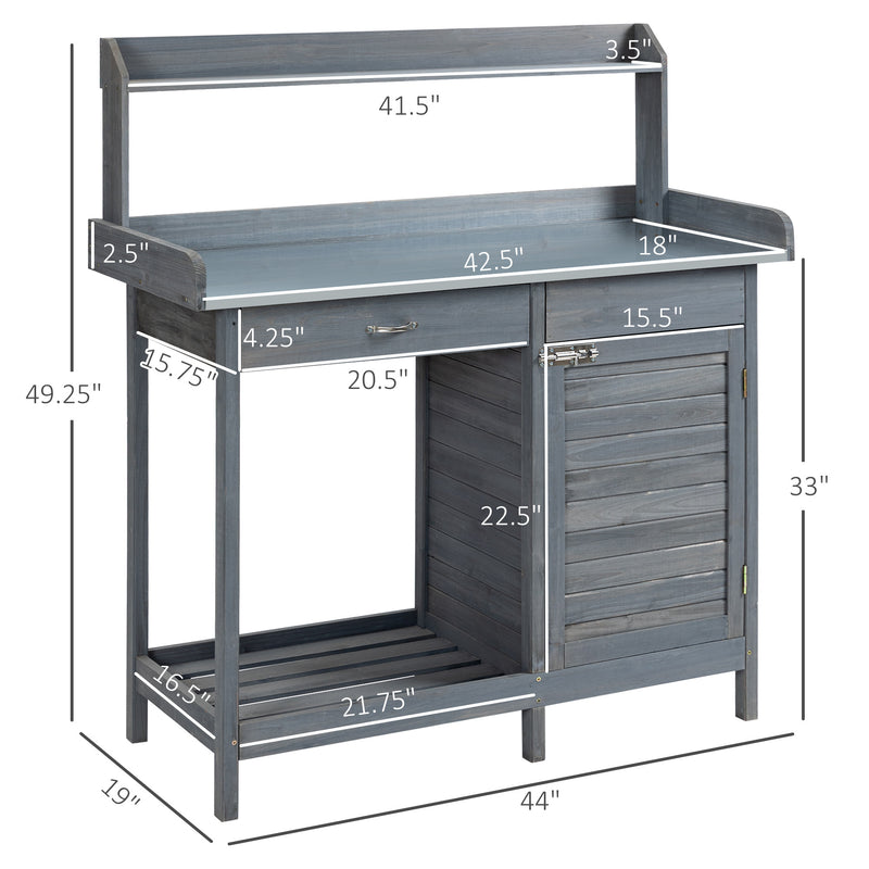 Supfirm Outdoor Potting Bench Table, Garden Work Station with Storage Cabinet, Open Shelf and Steel Tabletop, Gray