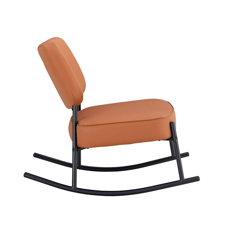 Supfirm PU material cushioned rocking chair, unique rocking chair, cushioned seat, brown backrest rocking chair, black metal legs. Comfortable side chairs in the living room, bedroom, and office