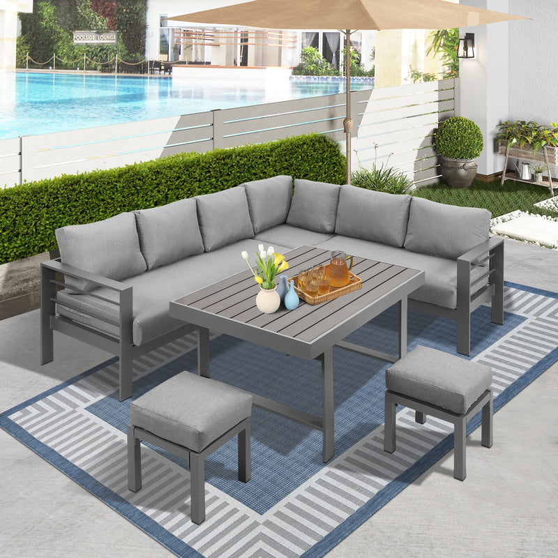 Supfirm 6-Pieces Outdoor Dining Set, Grey Aluminum Frame with Dark Grey Cushions