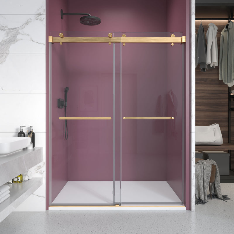 Supfirm 56'' - 60'' W x 76'' H Double Sliding Frameless Shower Door With 3/8 Inch (10mm) Clear Glass in Brushed Gold