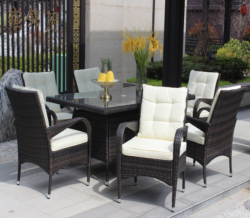 Supfirm Patio 7-Piece Rectangular Dining Set with 6 Dining Chairs (Brown &Beige Cushion )