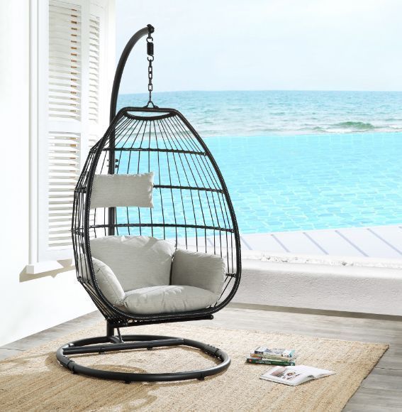 Supfirm ACME Oldi Patio Hanging Chair with Stand, Beige Fabric & Black Wicker 45115