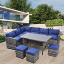 Supfirm Outdoor Patio Furniture Set,7 Pieces Outdoor Sectional Conversation Sofa with Dining Table,Chairs and Ottomans,All Weather PE Rattan and Steel Frame,With Backrest and Removable Cushions(Grey+Blue)