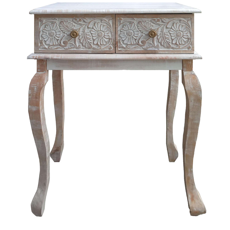 Supfirm 2 Drawer Mango Wood Console Table with Floral Carved Front, Brown and White