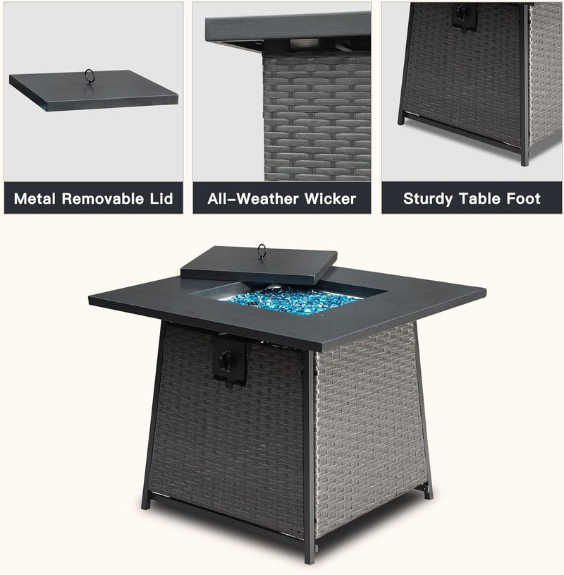 Supfirm 32 Inch Propane Fire Pits Table with Blue Glass Ball,50,000 BTU Outdoor Wicker Fire Table with ETL-Certified,2-in-1 Square Steel Gas Firepits (Dark Gray)